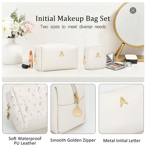 CLOUDWINGS Personalized Birthday Gifts for Women - Initial Makeup Bag Set Travel Toiletry Bag Cosmetic Bags Soft Waterproof PU Leather Makeup Pouch Travel Essentials (Beige,A)