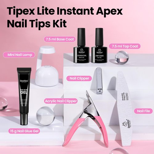 Beetles Tipex Lite Apex Nail Tips Kit, Square Short, 192pcs 16 Sizes,with UV Nail Glue, Base & Top Coat, Mini Nail Lamp, Nail Clipper & Cuticle Nipper,Pre-Building Pre-Etched Acrylic Tips Kit