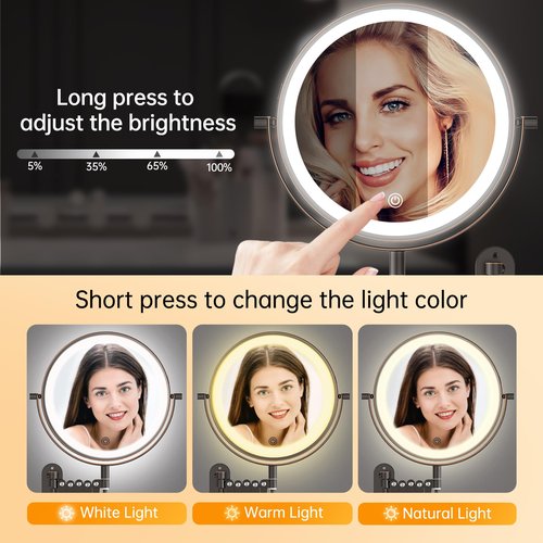 Rechargeable Wall Mounted Makeup Mirror with Light, 8 Inch 1X/10X Magnifying Mirror, 3 Light Settings & Dimmable, 360° Swivel Extendable Bathroom Vanity Mirror, Anti-Rust, Telescoping, Antique Bronze