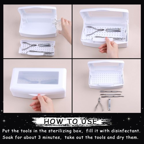 Nail Tool Sterilizer Box Plastic Disinfectant Container for Nail Art Accessories Tools, Sterilizer Soaking Box with Strainer Pedicure Manicure Cleaning Equipment, White