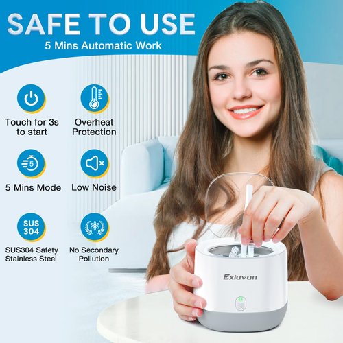 Exluvon Ultrasonic Retainer Cleaner 45kHz, 250ML Portable Jewelry Cleaner, Professional Retainer Cleaner Machine for Denture, Mouth Guard, Aligner