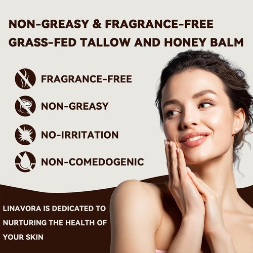 Linavora Tallow and Honey Balm – Natural Moisturizer with Grass-Fed Beef Tallow for Skin, Honey, Vitamin E – Unscented, 4oz – Ideal for Face & Body Care