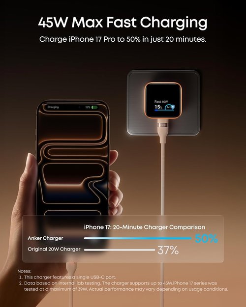 Anker 45W GaN Fast Charging USB-C Charger - Smart Display & 180° Foldable Plug for iPhone 17/16/15