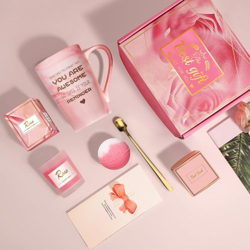 Birthday Gifts for Women, Mom, Sister, Friend: Unique Pink Self Care Spa Relaxation Baskets Set, Christmas, Holiday, Valentines Day Presents for Her, Girlfriend, Grandma, Wife, Bestie, Coworkers