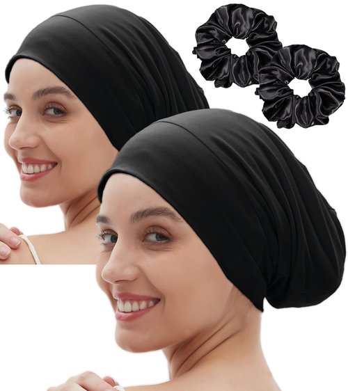 2pcs Satin Bonnet for Sleeping Night Cap, Satin Lined Silk Bonnet Large Sleep Cap for Curly Braids Hair Beanie Black Women