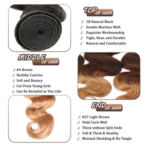 100% Unprocessed Virgin Ombre Human Hair Bundles T1b/4/27 Three Tone Body Wave Bundles 12A Raw Human Hair One Bundle 14 Inch Ombre Blonde Wavy Bundles Quick Weave Hair Extensions with Thick Ends