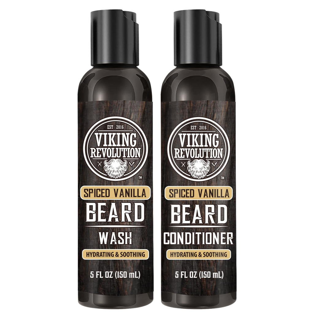 Viking Revolution Beard Wash and Beard Conditioner for Men with Argan Oil and Jojoba Oil - Beard Softener and Strengthener Beard Care Beard Shampoo and Conditioner with Beard Oil (5oz, Spiced Vanilla)