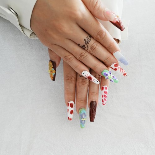 Long Coffin Press On Nails with 3D Floral Design - Summer Multicolor Thick Luxury False Nails Reusable Acrylic Nails (Summer Stories,S)