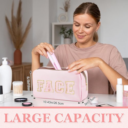 4 Pcs Travel Toiletry Bags for Women Preppy Makeup Bags Organizer Face Skin Hair Stuff Chenille Letter Pouch with Zipper Aesthetic Waterproof Skin care Hair Bag for Women Gifts