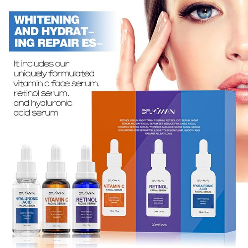 Anti-Aging Facial Serum Set - Vitamin C, Retinol & Hyaluronic Acid Serum Set for Skin Radiance and Moisture, 1 Fl Oz (Pack of 3)