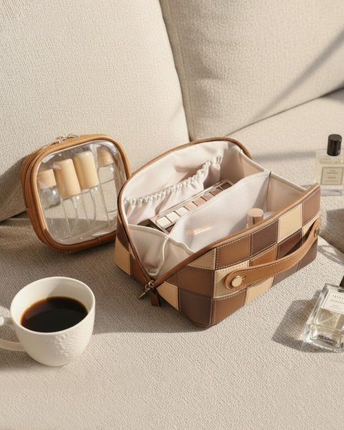 Lucatherine Travel Makeup Bag Organizer with TSA Approved Clear Pouch, Large Capacity Cosmetic Case with 180° Wide Open Design, Portable Toiletry Bag with Dividers for Brushes & Toiletries