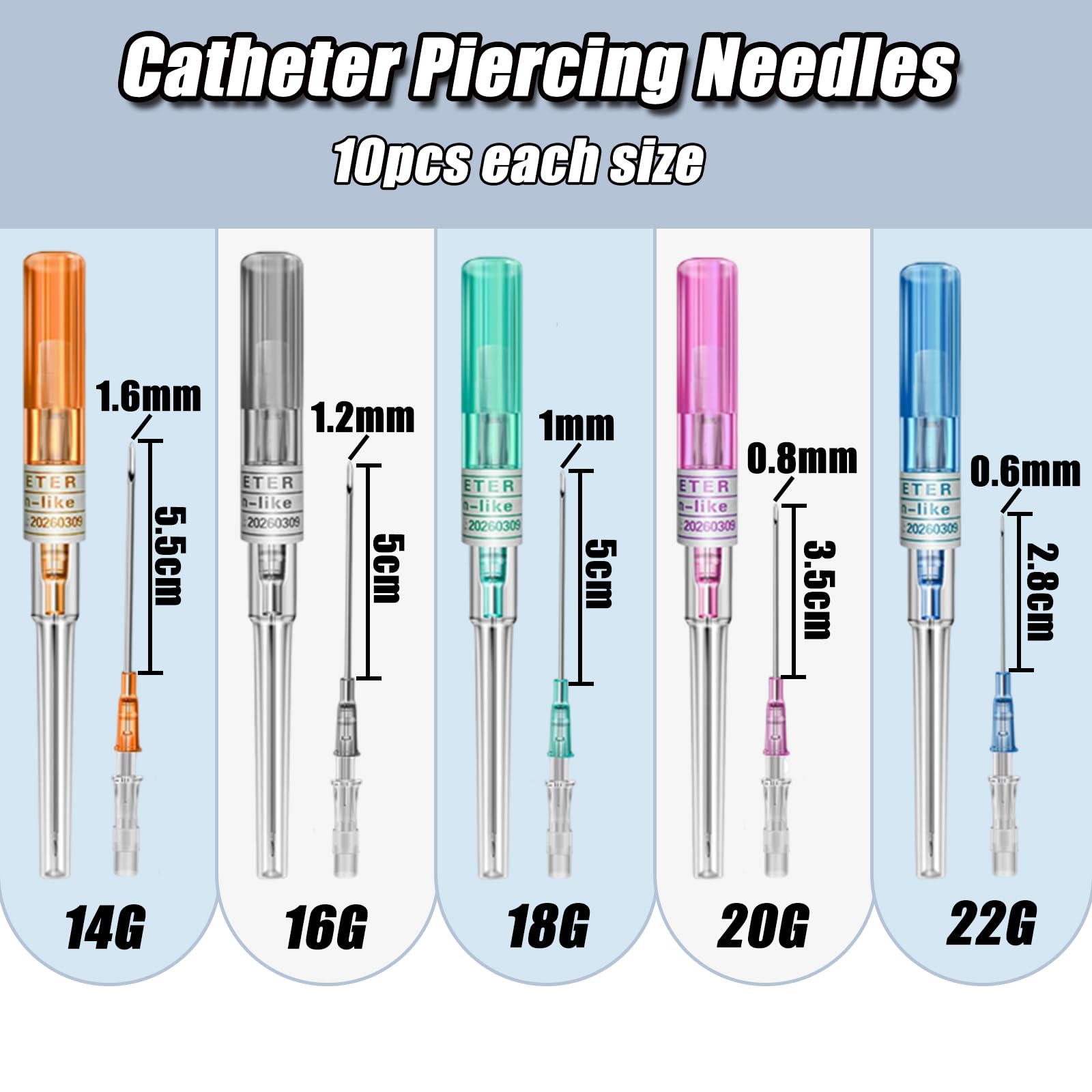 YONGDA Catheter Piercing Needles 50Pcs Mixed Sizes 14G 16G 18G 20G 22G - Professional Hollow Piercing Needles, 316L Stainless Steel Kit for Ear Nose Cartilage Lip Tongue Belly Navel Nipple