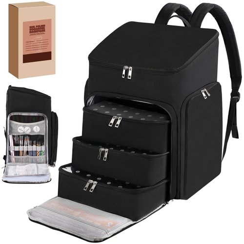 DERSTUEWE Professional Nail Polish Organizer Backpack, Black Storage Case with Multiple Compartments, Portable Travel Carrying Bag for Nail Art Supplies