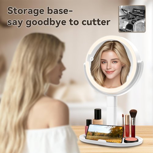 Makeup Mirror with Lights, Double Sided 1x/10x Magnifying Mirror，Rechargeable 3 Color Lights & Adjustable Brightness and Height LED Vanity Mirror, 360° Rotation Detachable Travel Make Up(White)
