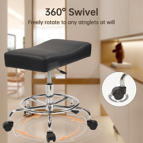 KLASIKA Heavy Duty Extra Wide Rolling Stool PU Leather Thickened Seat Cushion with Foot Rest Adjustable Height Swivel with Wheels for Spa Salon Tattoo Work Massage Barstool, Black, 1 Pack