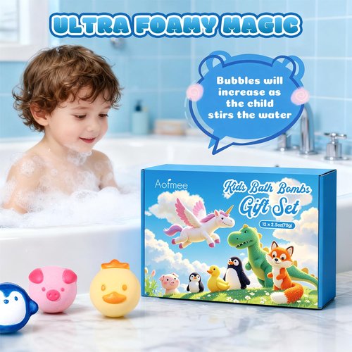 Aofmee Bath Bombs for Kids, 12 Pcs Kids Bath Bombs with Essential Oil, 6 Animal Shapes and Fruity Aroma, Natural Organic Spa Gift Set for Boys Girls, Birthday Christmas Halloween