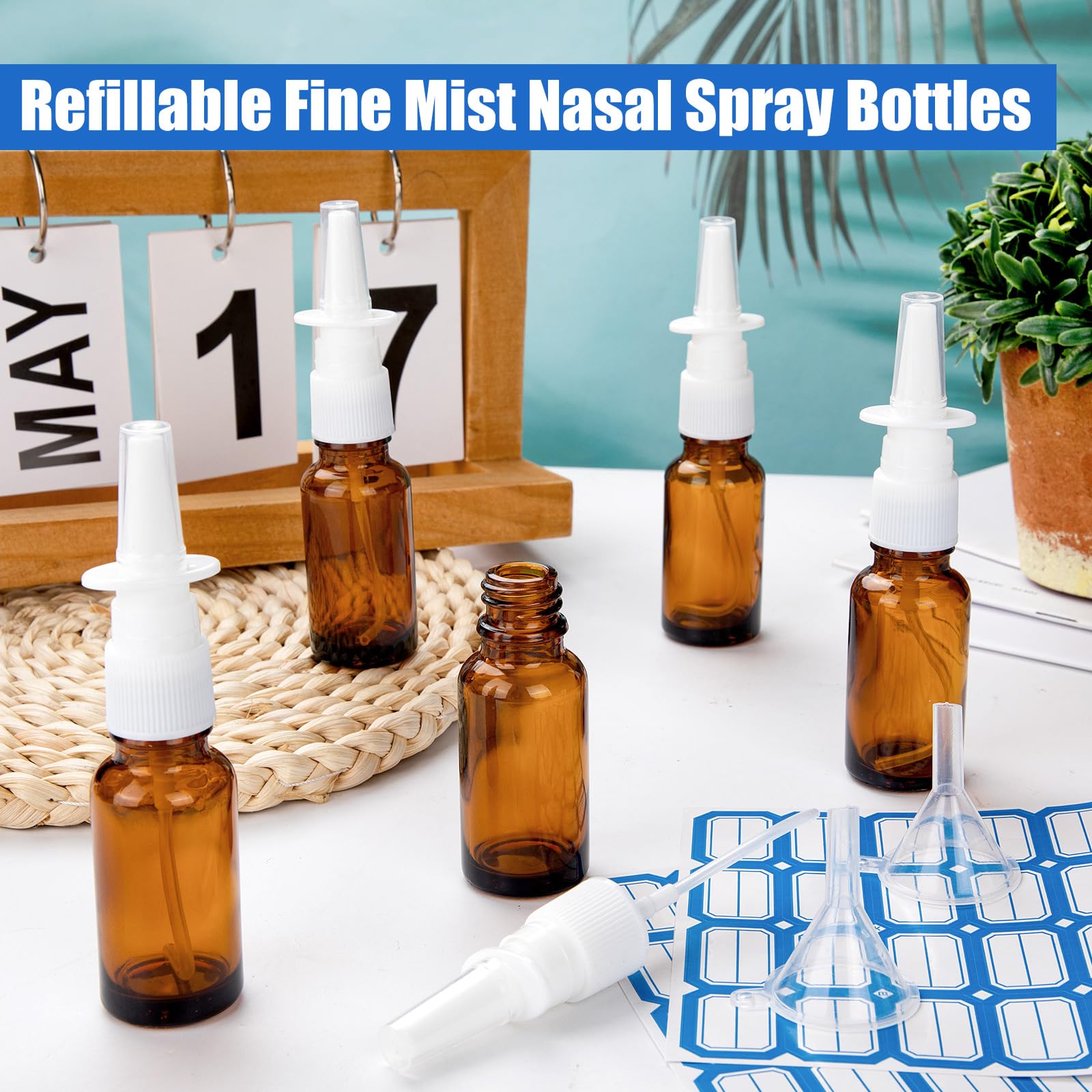 ZHWKMYP 10 Pcs Nasal Spray Bottle, 20ML/0.7OZ 6 Pcs Fine Mist Glass Empty Refillable Nasal Spray Bottle with 2 Funnels and 2 Labels