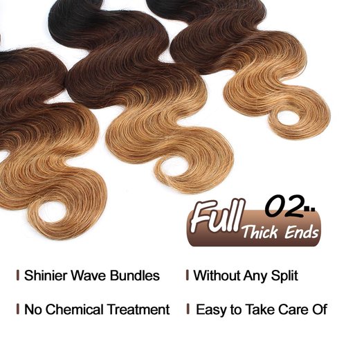 100% Unprocessed Virgin Ombre Human Hair Bundles T1b/4/27 Three Tone Body Wave Bundles 12A Raw Human Hair One Bundle 14 Inch Ombre Blonde Wavy Bundles Quick Weave Hair Extensions with Thick Ends
