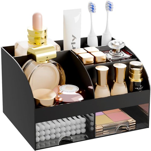 Makeup Organizer with 2 Drawers, Cosmetic Storage for Dresser Vanity and Bathroom Countertop,Make up organization and Skincare Storage with Beauty Brush Holder, Cosmetic Display Case (Black)