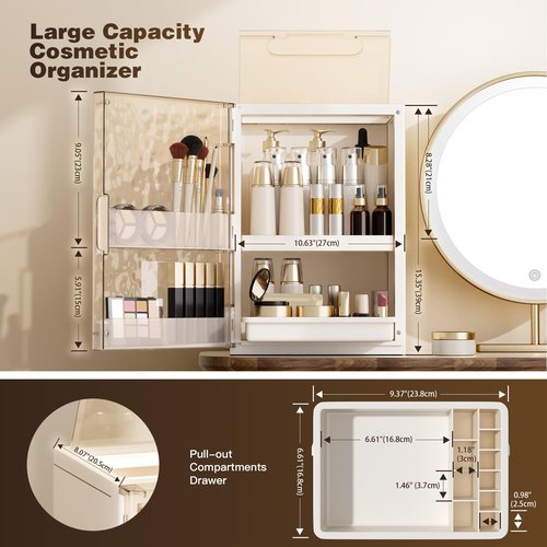AERCIINC Makeup Organizer with Drawers,Skincare Organizer for Vanity,Large Cosmetic Display Case with Handle,Storage Organizers with Cover and Makeup Brush Holder for Dresser, Bathroom Countertop