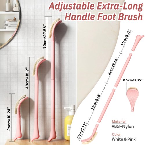 GEENOA New Foot Brush with Extra-Long Handle, 3-in-1 Foot Scrubber for Wet or Dry Brushing, Adjustable 10.2’’- 27.5’’Foot Scrub Brush for Senior, Pregnant, Disabled, or Injured, Gift-Box Packed(Pink)