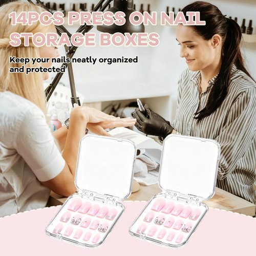 BMHHWAI 14Pcs Press On Nail Storage Box with 60Pcs Adhesive Double Sided Tape, Press on Nail Packaging Supplies False Nails Display Cases Boxes for Nail Art Salon Business(Clear)