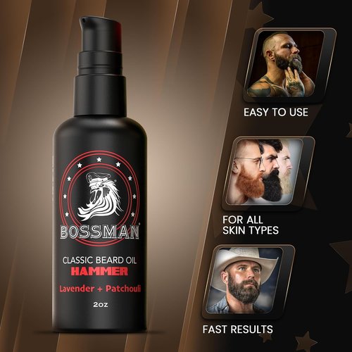 Bossman Organic Mustache & Beard Oil - Natural Moisturizer with Jojoba, Argan & Avocado Oils | 2 oz, Hammer Scent