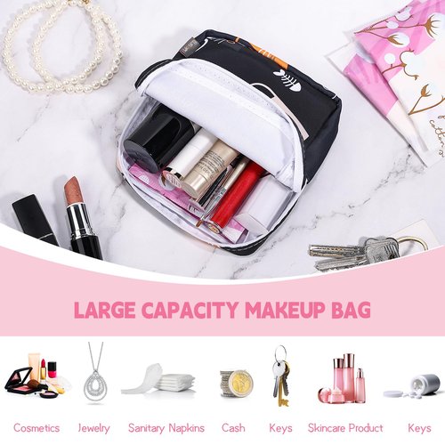 Likesing 5.1" Mini Makeup Bag for Purse, Nylon Small Makeup Pouch Travel Cosmetic Make up Bags for Women Girls, Cute Preppy Mini Toiletry Bag Coin Pouch Period Bag(5170 Pink Black)