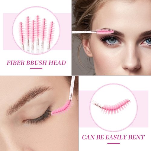 Mekupeu 20pcs Disposable Glitter Cleaning Spoolie Brushes Mascara Wands Tubes Diamond Faux Fur Ball Keyring Eyelash Brush Makeup Tool Applicator Set (Pink)