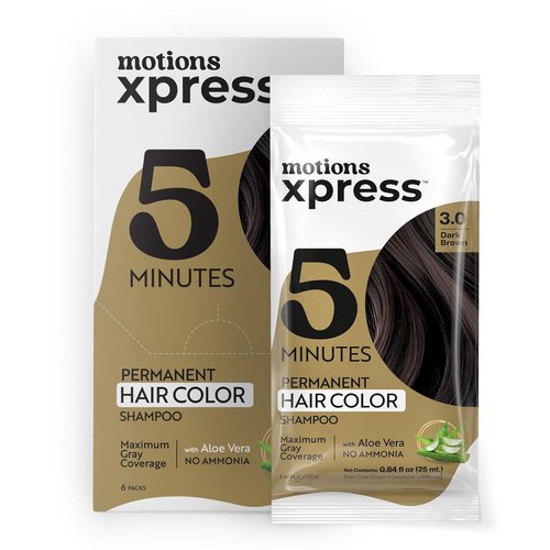 Motions Xpress Permanent Hair Color Shampoo - Dark Brown, 5-Minute Gray Coverage, Ammonia-Free, 0.84 Oz