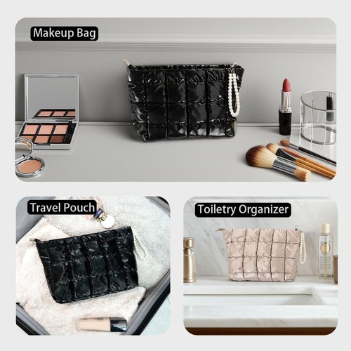 Beayuva Puffer Quilted Makeup Bag Travel Cosmetic Bag Portable Puffy Checkered Toiletry Pouch Skincare Organizer Purse Pencil Case (Silver)