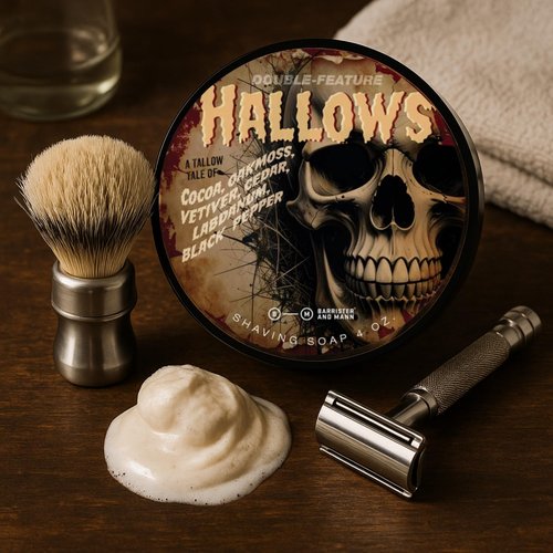 Barrister and Mann Shaving Soap | Luxury Dense, Rich & Creamy Lather Tallow Wet Shave Puck Bar Notes of Vetiver, Oakmoss, Pepper, Cocoa, Labdanum, Cedar | Grooming Routine for Men 4 Oz (Hallows)