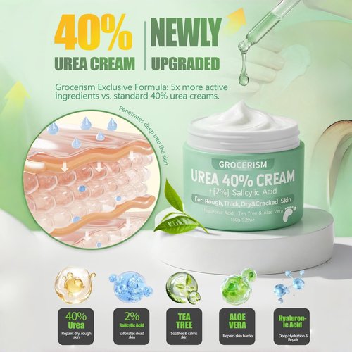 Grocerism Urea Cream 40 Percent For Feet Plus 2% Salicylic Acid 8.82 oz || Foot Cream and Hand Cream Maximum Strength with Hyaluronic Acid, Tea Tree,and Aloe Vera for Deep Moisturizes, Callus Remover