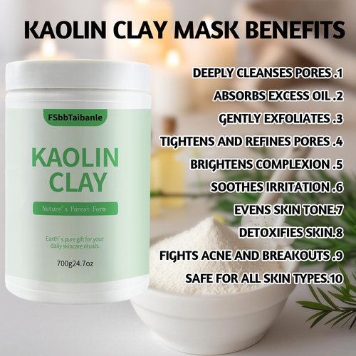 FSbbTaibanle White Kaolin Clay Powder 100% Natural Ultra-Fine Cosmetic Grade Gentle & Smooth Texture for Natural DIY Skin Cleansers, Masks and Scrubs, and More(32 oz)