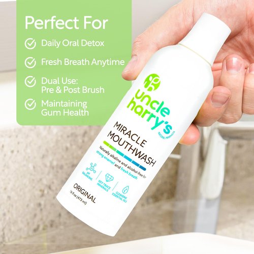 Uncle Harry's Natural Alkalizing Miracle Mouthwash | Adult & Kids Mouthwash for Bad Breath | pH Balanced Oral Care Mouth Wash & Mouth Rinse (16 fl oz)