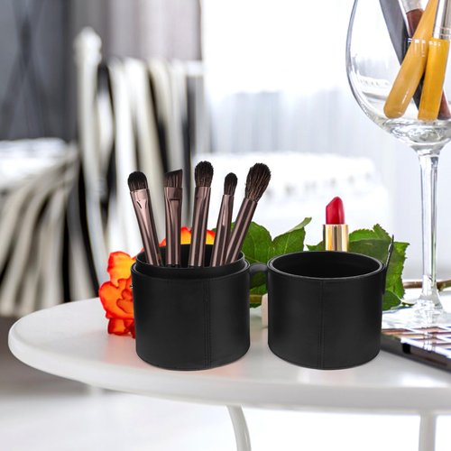 Beaupretty PU Leather Case Makeup Brush Holder with Lid Cosmetic Storage Bucket Brush Box Cup for Women Black