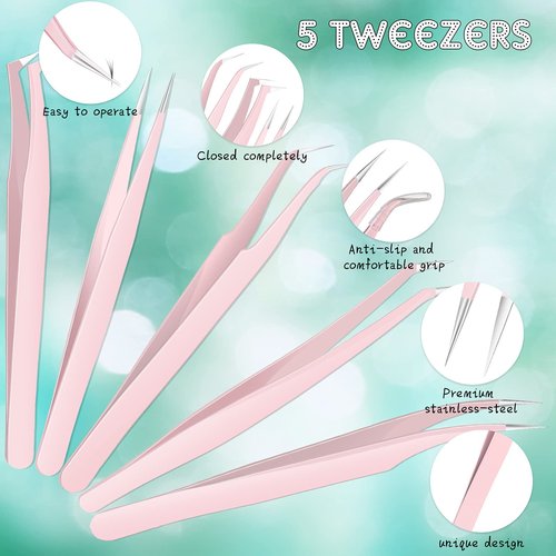 Chumia 5 Pcs Lash Tweezers for Eyelash Extensions High Precision Volume Pink Eyelash Tweezers Stainless Steel Curved Pointed Lash Tool with Box for Women Makeup Beauty Accessories Beginners
