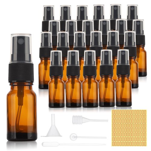 RAMFIYN 24 pack 10ml Spray Bottle Amber Glass Travel Atomizer for Perfume Essential Oils TSA Approved Refillable Small Sprayer with Labels and Dispensing Tools