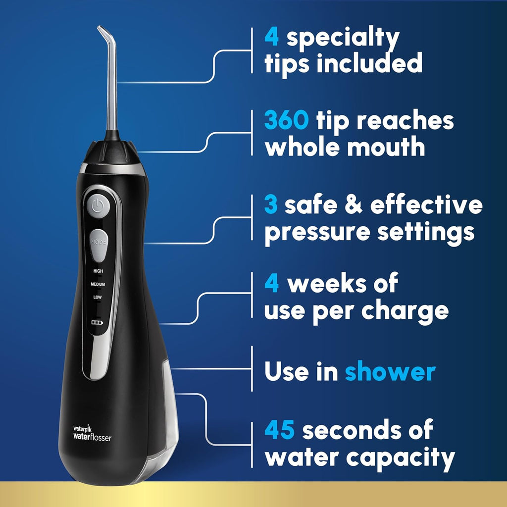 Waterpik Cordless Advanced 2.0 Water Flosser - Portable Dental Care with Travel Bag & 4 Tips, Black