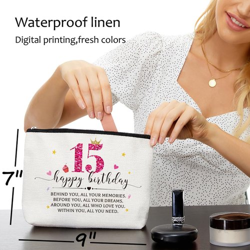 Birthday Gifts for 15 Year Old Girl 15th Birthday Gifts for Teen Girls Makeup Bag Happy 15th Birthday Travel Cosmetic Bags Turning 15 Inspirational Gifts for Women Sister Bestie Friends Daughter