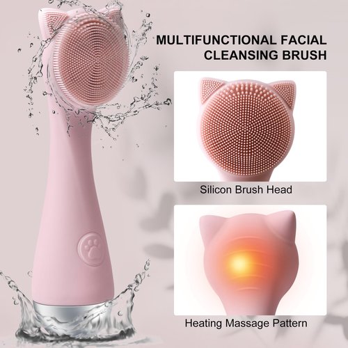 Facial Cleansing Brush, Silicone Face Scrubber Exfoliator for Men & Women, Electric Face Brush Waterproof, with 3 Speeds Adjustable for Deep Cleaning, Removing Blackhead, Facial Massaging (Pink)