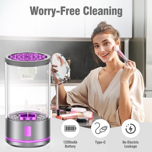 EITABEL Makeup Brush Cleaner machine, 2 in 1 Makeup Brush Cleanser & Washer, 7000 RPM High-Speed Deep Cleaning, Portable Automatic Cosmetic Brush Cleaner for Foundation Brush Sponge, Purple