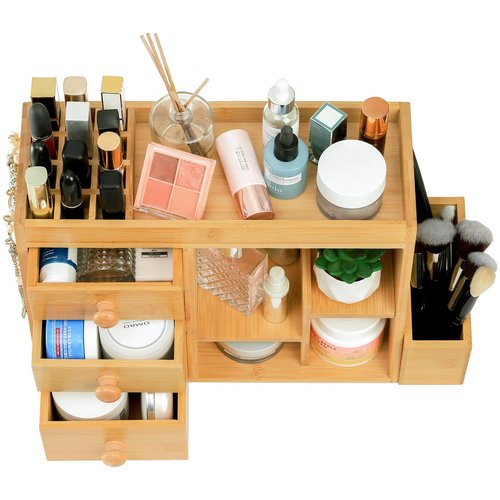 Elsjoy Large Countertop Bamboo Makeup Organizer with 3 Drawers, 12-Grid Lipstick Holder, Jewelry Hanging Hooks, Makeup Brush Holder, Desktop Wood Cosmetic Organizer Stand for Vanity