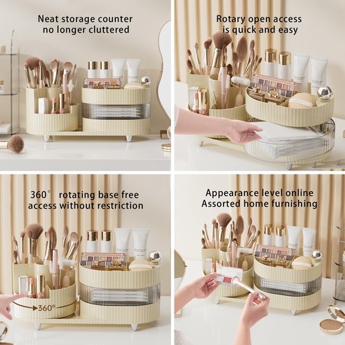 DASITON Makeup Organizer Countertop, 360° Rotating Makeup Brush Holder Organizer, Large Capacity Cosmetic Display Case with Drawers, Makeup Storage Organizer for Vanity, Desktop, Bathroom (Cream 01)
