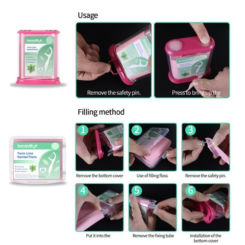 Innovihue Pink Push-Pop Dental Floss Picks Dispenser with 200-Count Refill Container, Twin-Line Mint Flossers (300 Total), Portable Oral Care for Home, Office, Travel