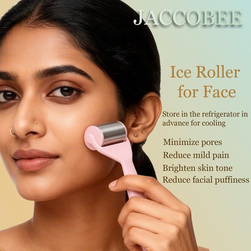 JACCOBEE Ice Roller for Face&Eyes with Gua Sha Facial Tool, 3-Pcs Stainless Steel Facial Massage Tool Sets for Face Jawline Shaper, Double Chin Reducer, Puffiness Reducing, Lymphatic Drainage