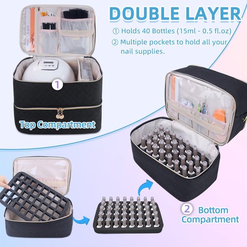 ALSLEA Nail Polish Organizer With Adjustable Shoulder Strap Gel Nail Polish Holder, Nail Organizers and Storage for UV Led Nail Lamp, Nail Supplies Bag, Holds 40 Bottles (15ml - 0.5 fl.oz) (Black)