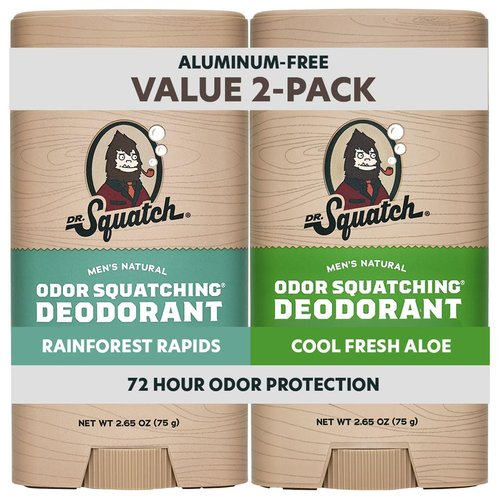 Dr. Squatch Natural Men’s Deodorant - Aluminum-Free Charcoal & Postbiotics for 72-Hour Odor Protection | Rainforest Rapids & Cool Fresh Aloe, 2.65oz Stick (2-Pack)