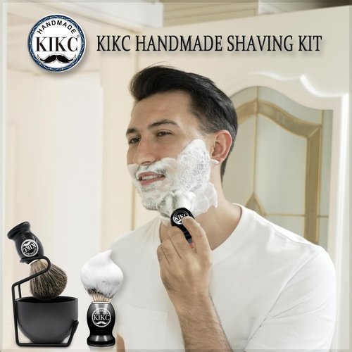 KIKC 5-In-1 Shaving Kit - Handcrafted Pure Badger Brush, Stainless Steel Bowl & Cream | Deluxe Black Gift Set for Bearded Men