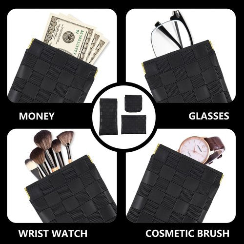 3PCS Small Makeup Bag for Women, Mini Cosmetic Bags Leather Pocket Pouch Purse,Snap Closure Waterproof Portable Bag,Checkered Storage Travel Bag for Lipstick Change Glasses Coin Cards (Black)
